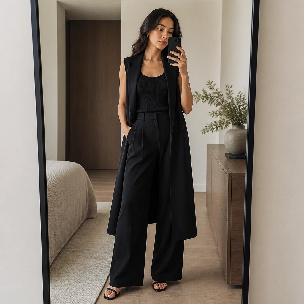 Long black vest layered over a fitted ribbed knit tank; high-waisted wide-leg black trousers with a slight drape; black strappy sandals; soft matte makeup; full-body mirror shot.