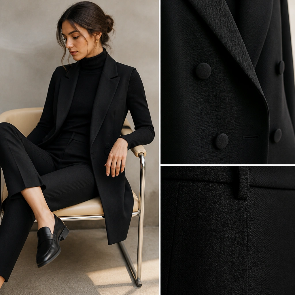 A structured long black vest with lapels layered over a fitted black turtleneck; black cigarette trousers; black loafers; close-up of fabric texture and buttons.