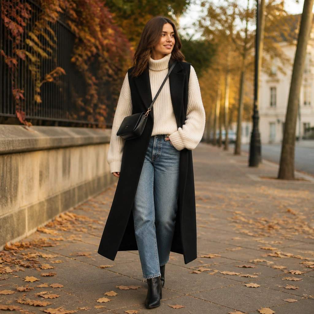 Long black vest over an off-white chunky sweater; straight-leg medium-wash jeans; black ankle boots; crossbody bag; cozy autumn color contrast.