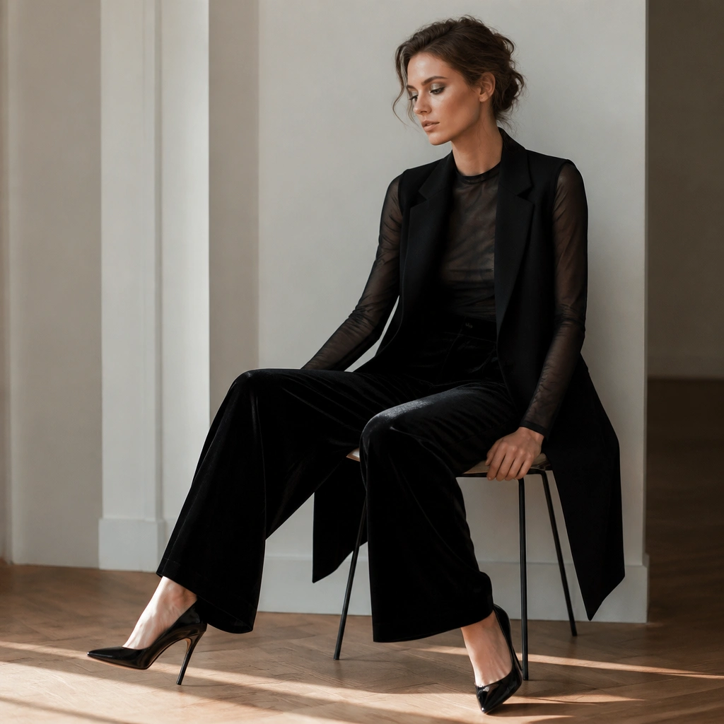 Long black vest layered over a black mesh long-sleeve top; black velvet wide-leg pants; subtle shimmer eyeshadow; glossy black heels.