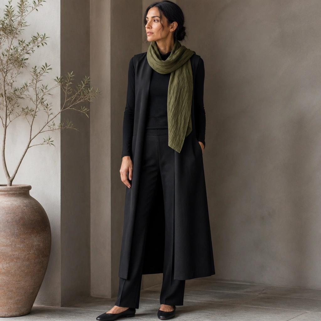 Long black vest over a black base outfit with a draped olive-green scarf at the neck; black straight pants; black flats; scarf texture clearly visible.