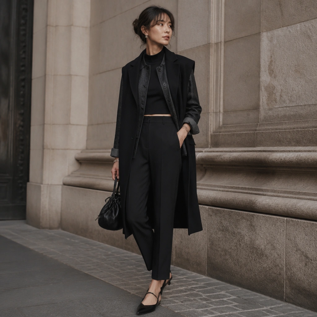 Long black vest layered over a cropped jacket worn so sleeves peek out; fitted black top; high-waist cigarette trousers; black pointed flats; fashion-forward street style angle.