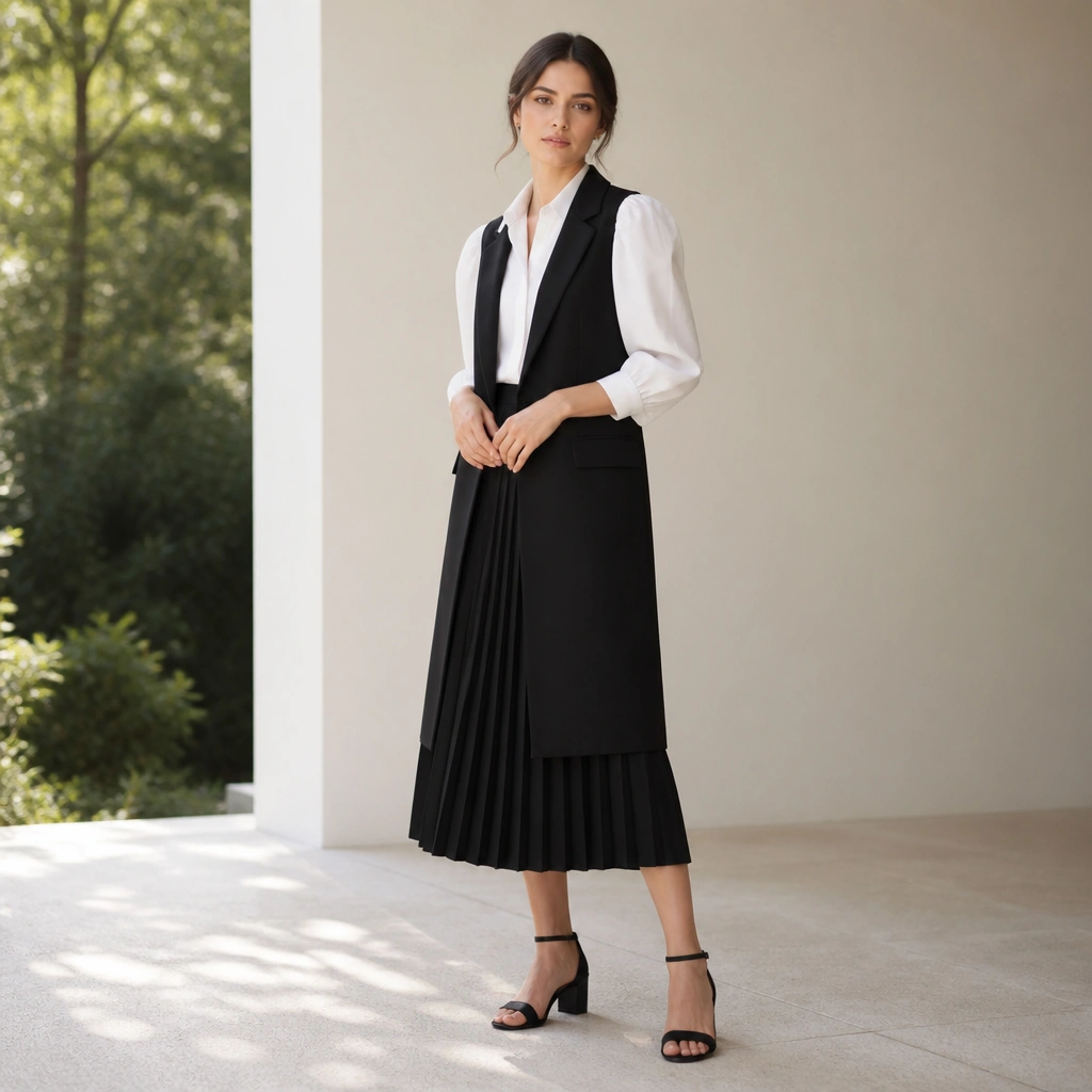Long black vest over a crisp white blouse with slight puff sleeves; black pleated midi skirt; black block-heel sandals; soft daylight portrait.