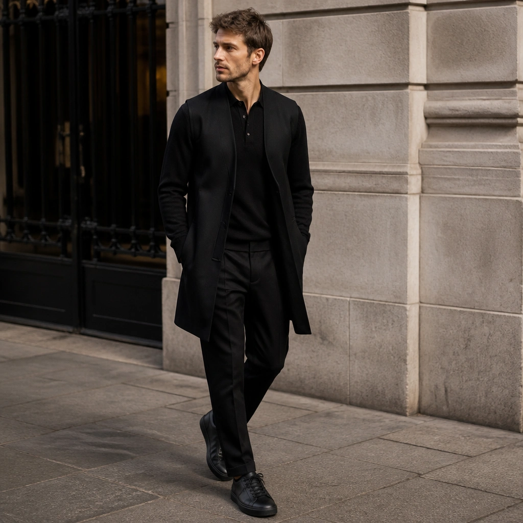 Long black vest worn open over a black knit polo; straight-leg black trousers; minimalist sneakers in black; casual polished street shot.