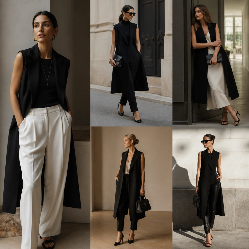 Luxe High End Long Black Vest Outfit Ideas