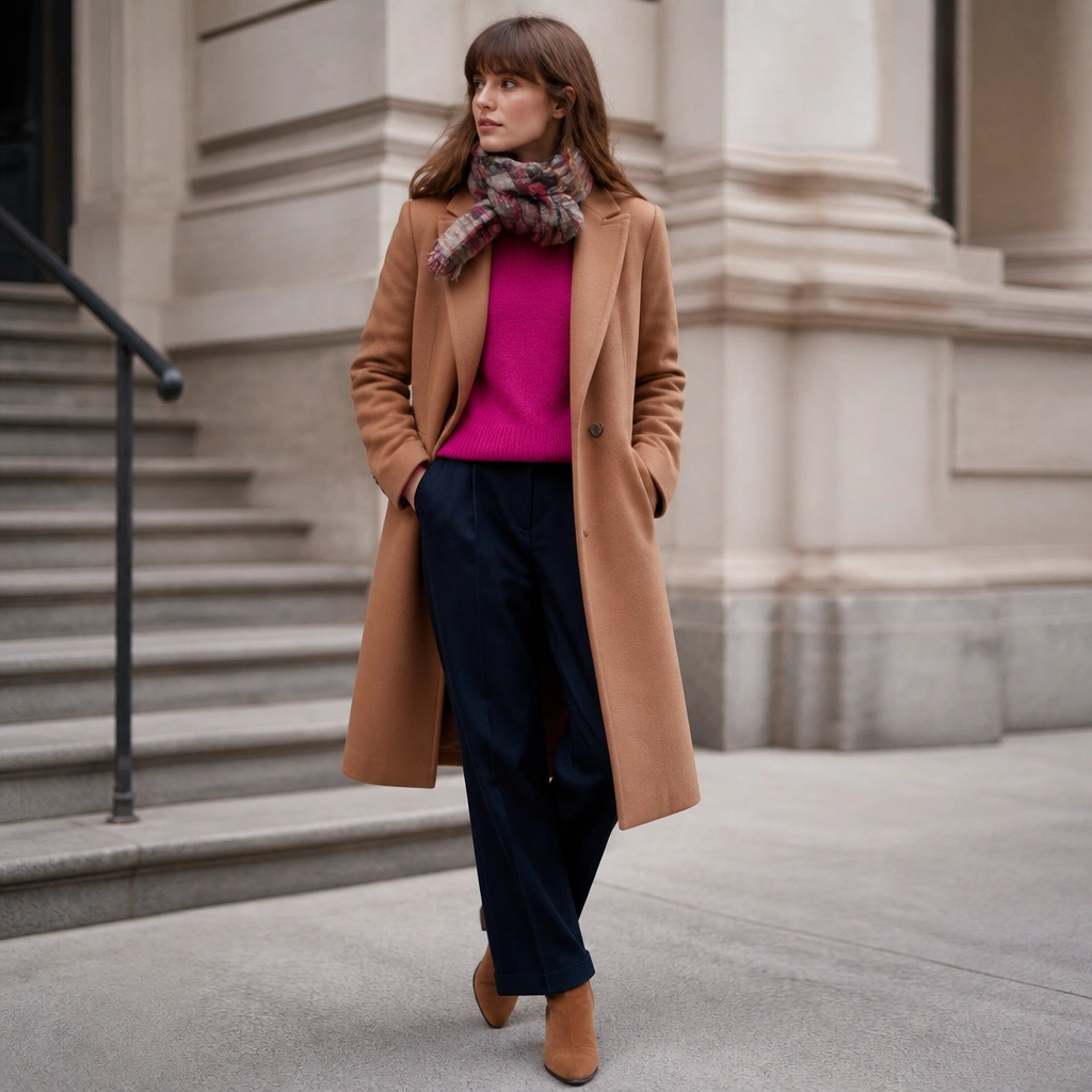 Hot pink sweater under a camel wool overcoat; a plaid scarf is tied into a chunky knot at the neck; the model wears dark-wash trousers and tan suede ankle boots.