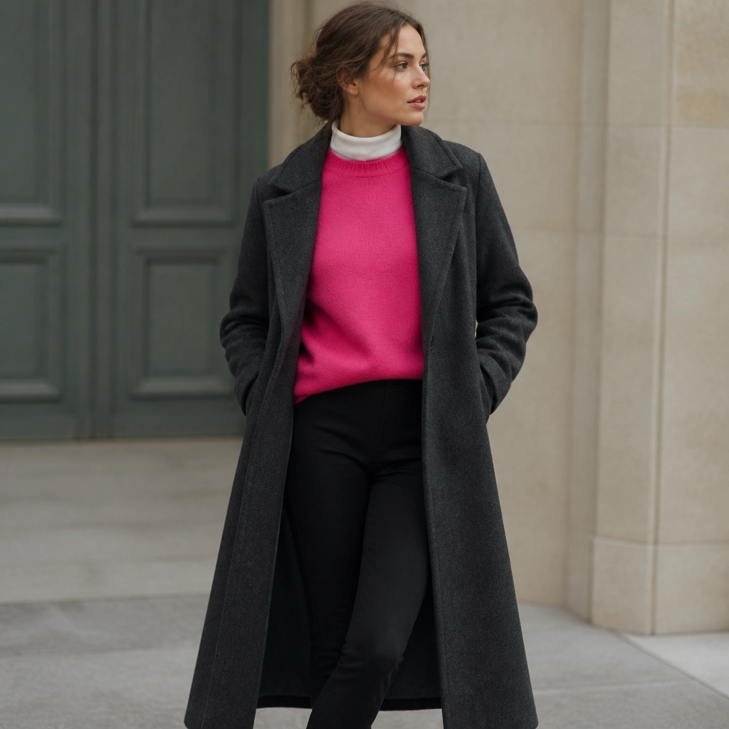 A hot pink sweater worn over a thin white turtleneck; the white collar peeks out neatly; the model wears black leggings and a long wool coat in charcoal gray.