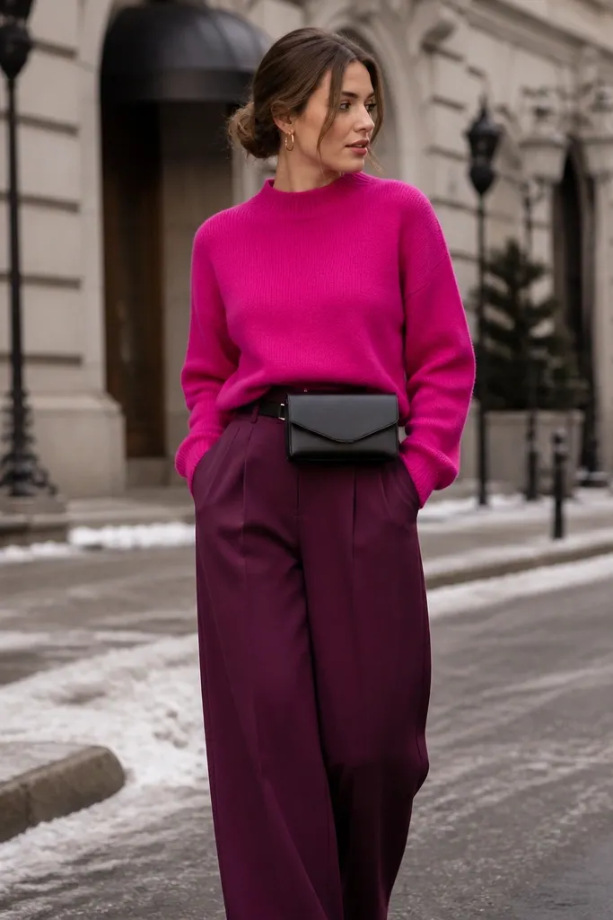 Hot pink sweater paired with deep berry (plum) wide-leg trousers; the model wears a structured belt bag in black and small gold hoops; background is a winter street scene.