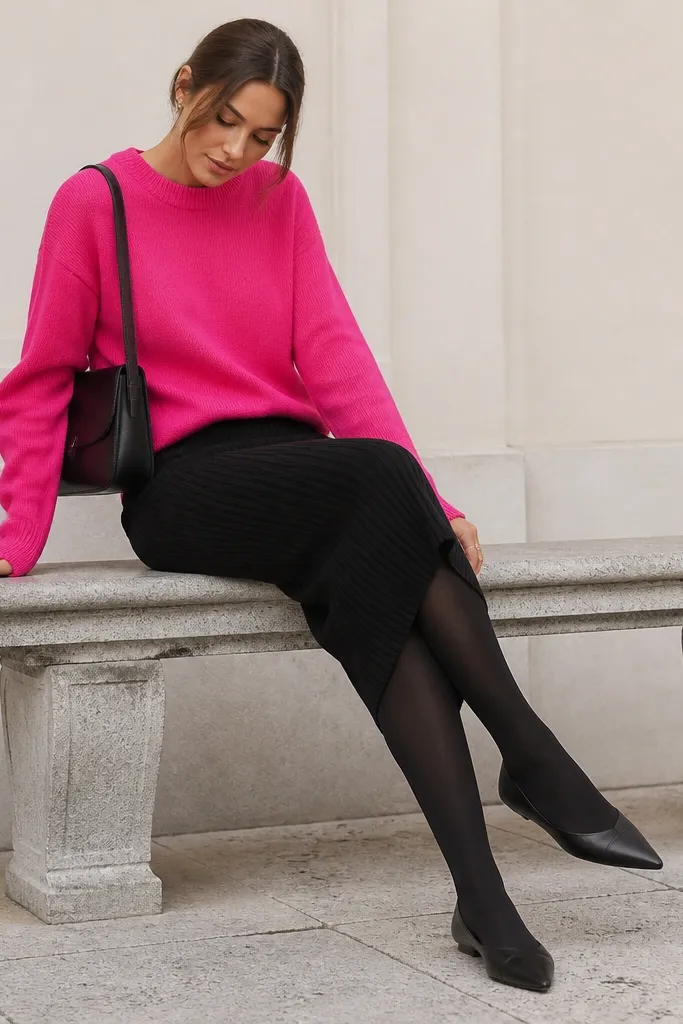 Hot pink sweater worn with a black ribbed midi skirt; the model wears opaque black tights and point-toe black flats; a structured black shoulder bag sits at the hip.