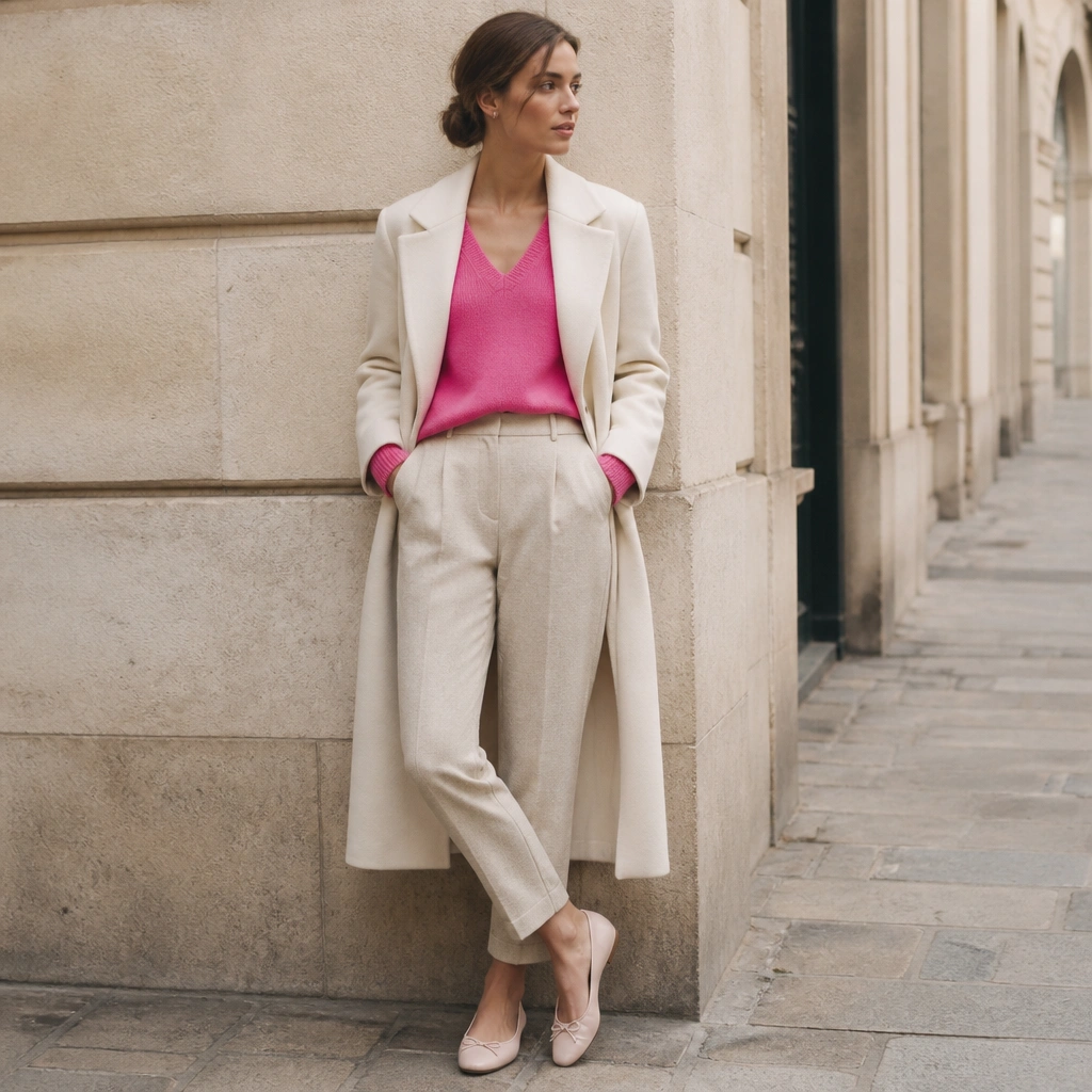 A hot pink V-neck sweater paired with oatmeal textured trousers; the model wears a longline cream coat and soft pink ballet flats; hair is in a low bun.