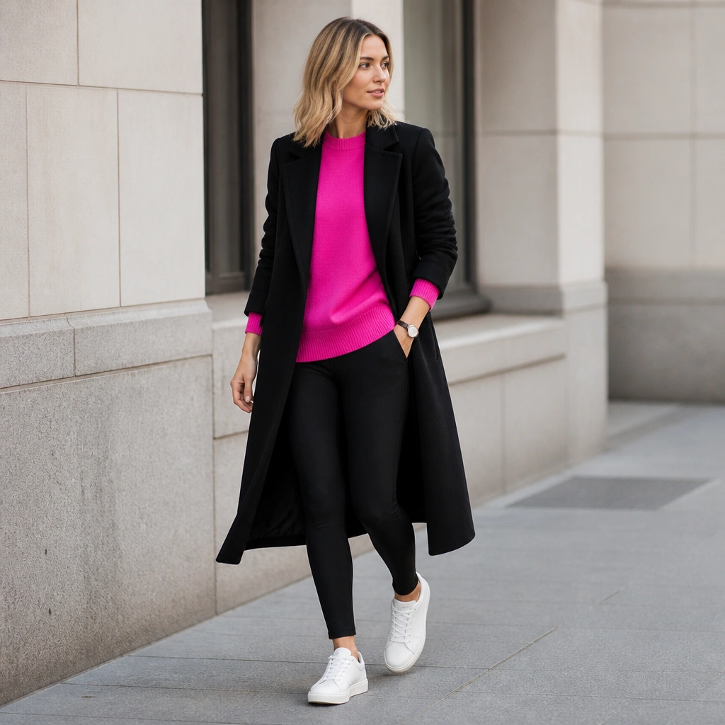 Hot pink sweater worn over black ponte leggings; the model layers a longline black coat; shoes are sleek white sneakers with a refined silhouette; a minimal watch completes the look.