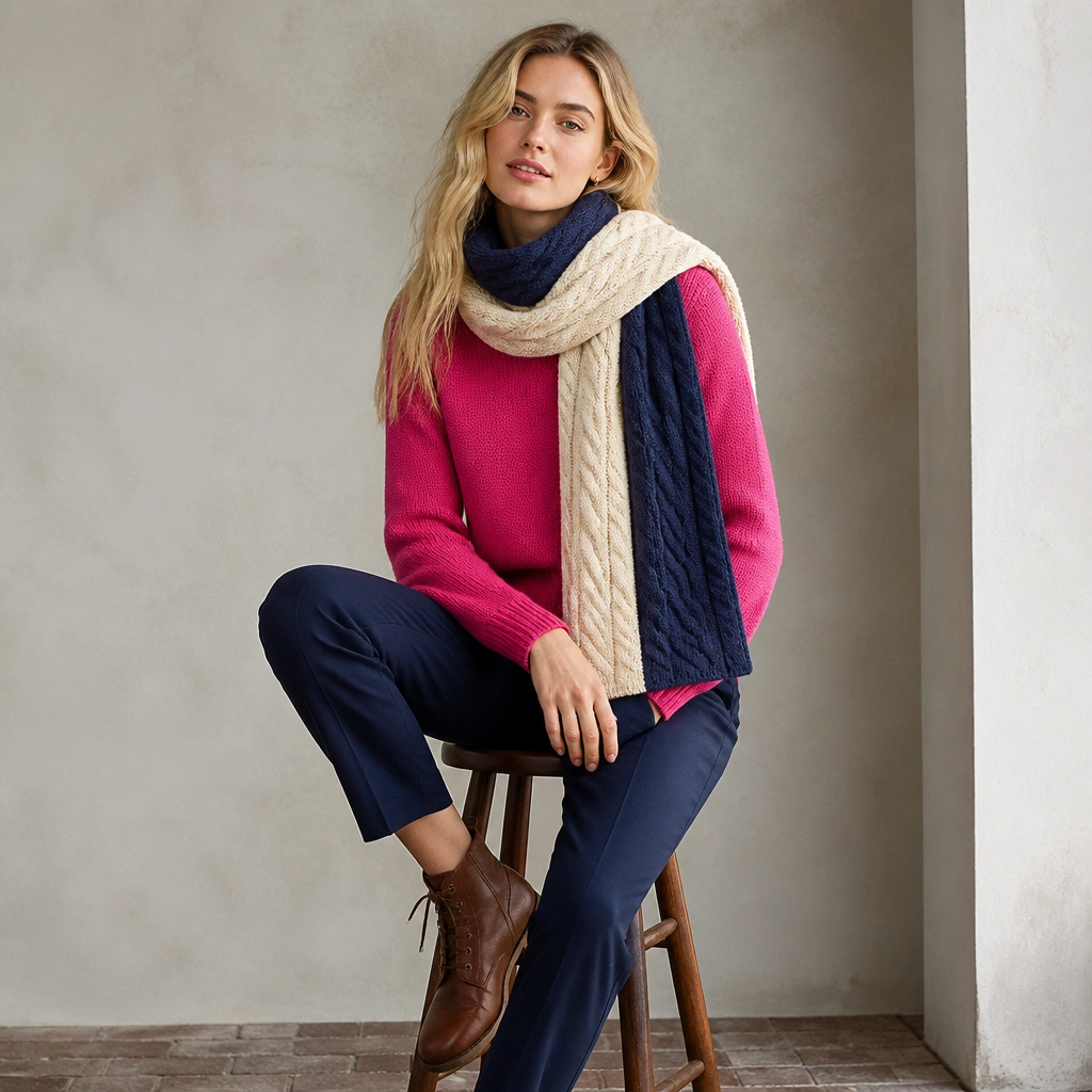 Hot pink sweater paired with navy tailored trousers; a navy-and-cream cable knit scarf wraps around the neck; the model wears brown leather lace-up boots.