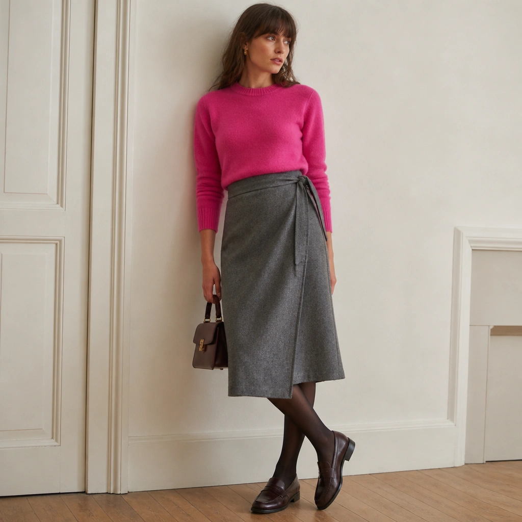 Hot pink sweater tucked into a grey wool wrap skirt with a visible wrap tie; the model wears oxblood loafers and a small structured bag; tights are semi-opaque.