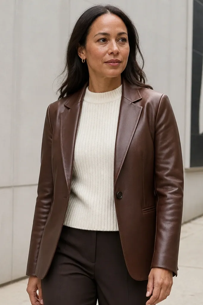 Chestnut leather blazer over cream knit top with dark espresso trousers and brown lace-ups