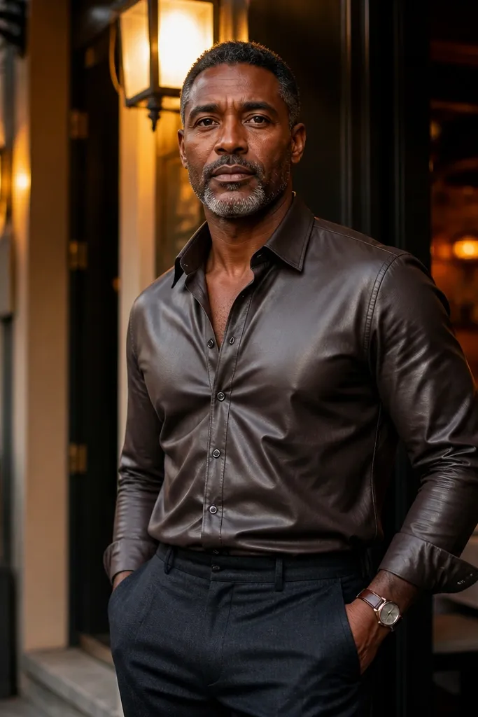 Espresso leather shirt under a charcoal wool suit with black-brown dress shoes