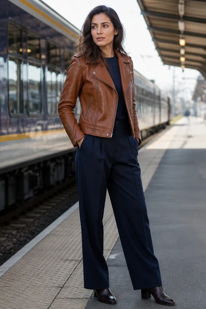 Cognac moto jacket over dark shirt with navy pleated trousers and brown boots