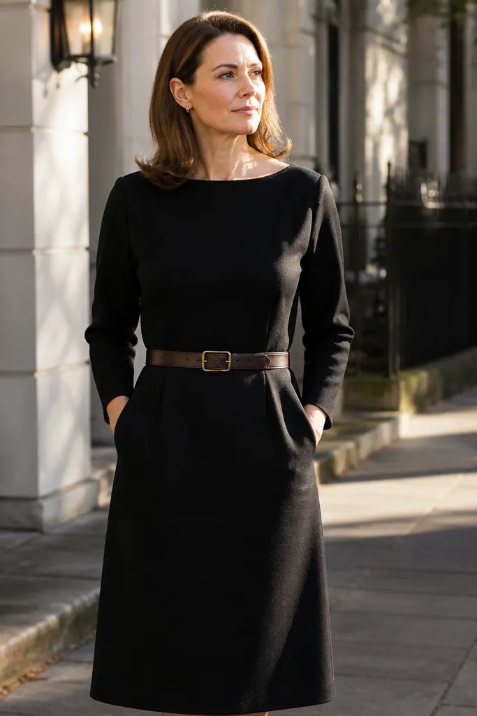 Black wool dress cinched with a chocolate leather belt and brown ankle boots