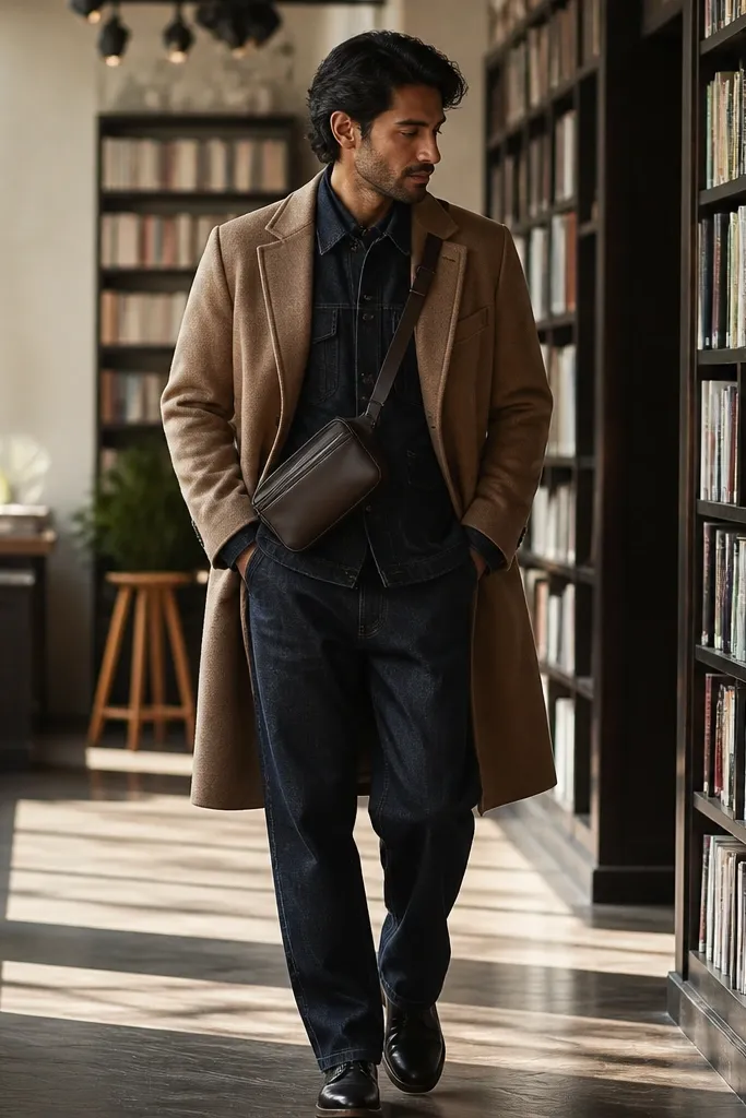 Camel overcoat with dark denim and espresso leather crossbody bag and brown boots