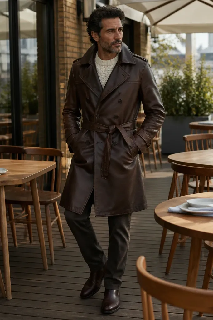 Chocolate brown leather trench over cream sweater with dark chinos and brown derbies