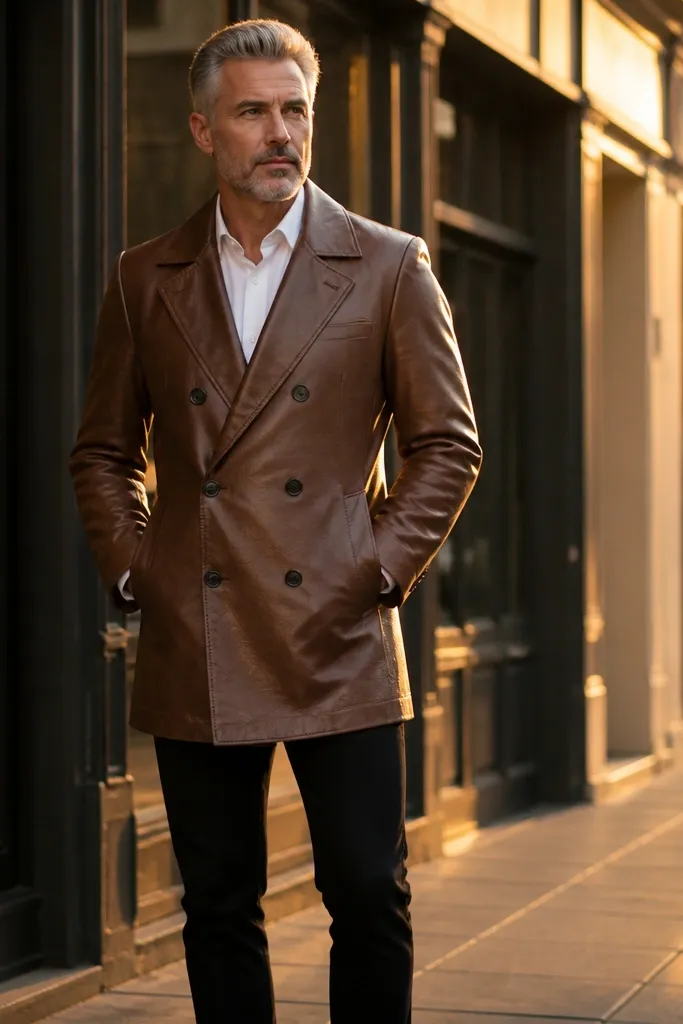 Brown double-breasted leather coat over white shirt with black jeans and brown boots