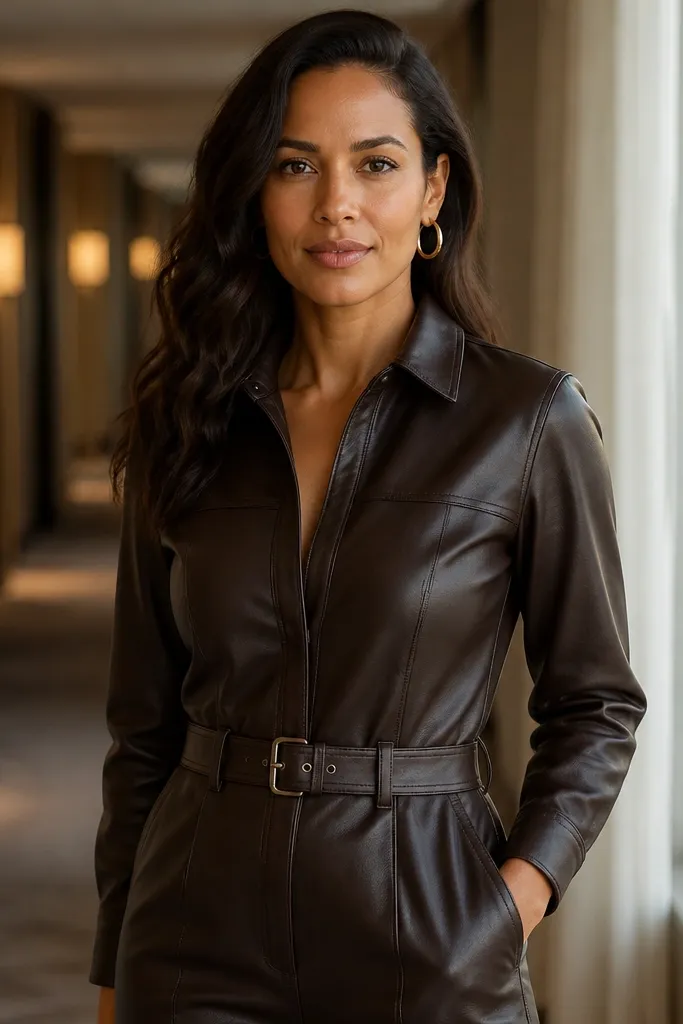 Espresso leather belted jumpsuit with gold hoop earrings and black heels