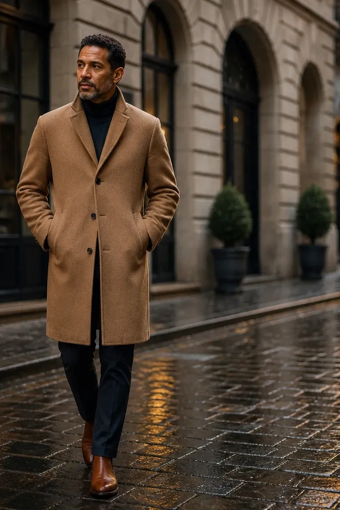 Cognac Chelsea boots with tan wool coat and dark turtleneck and dark trousers