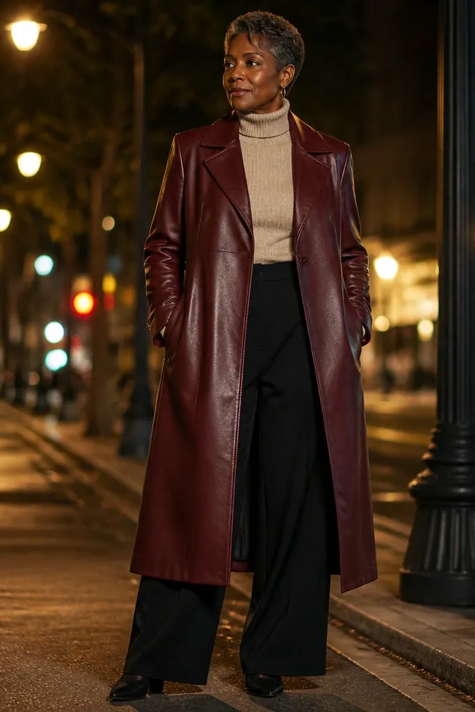 Oxblood long leather coat over oat turtleneck with black pleated trousers
