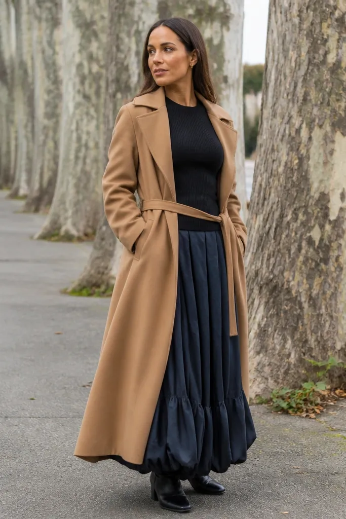 Black ribbed bodysuit with camel trench over a maxi bubble skirt