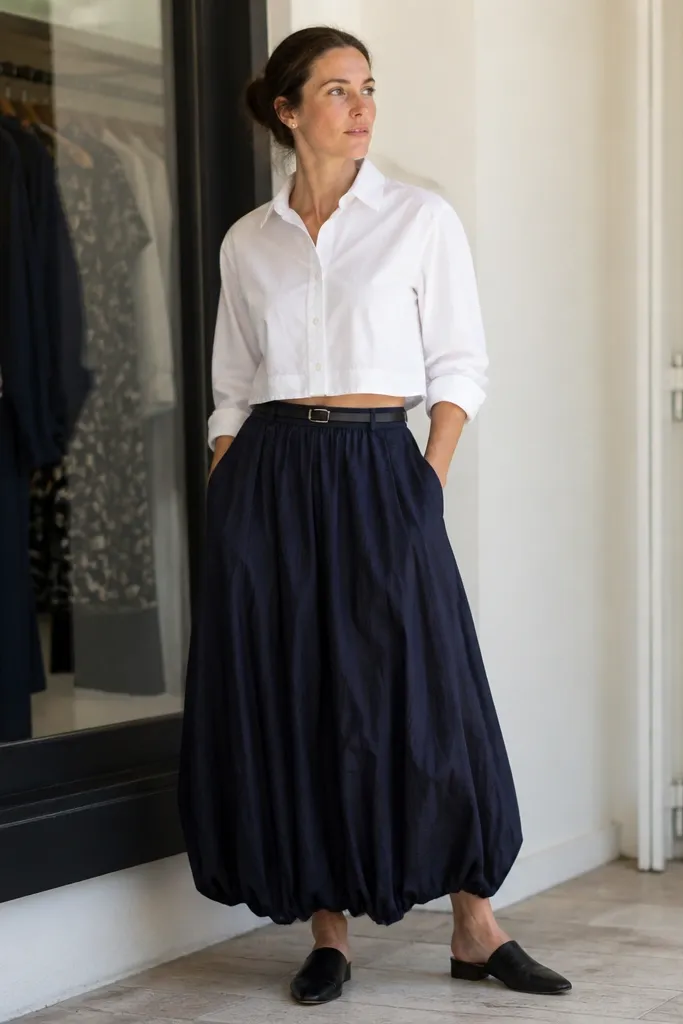 White cropped poplin shirt tucked into a navy maxi bubble skirt