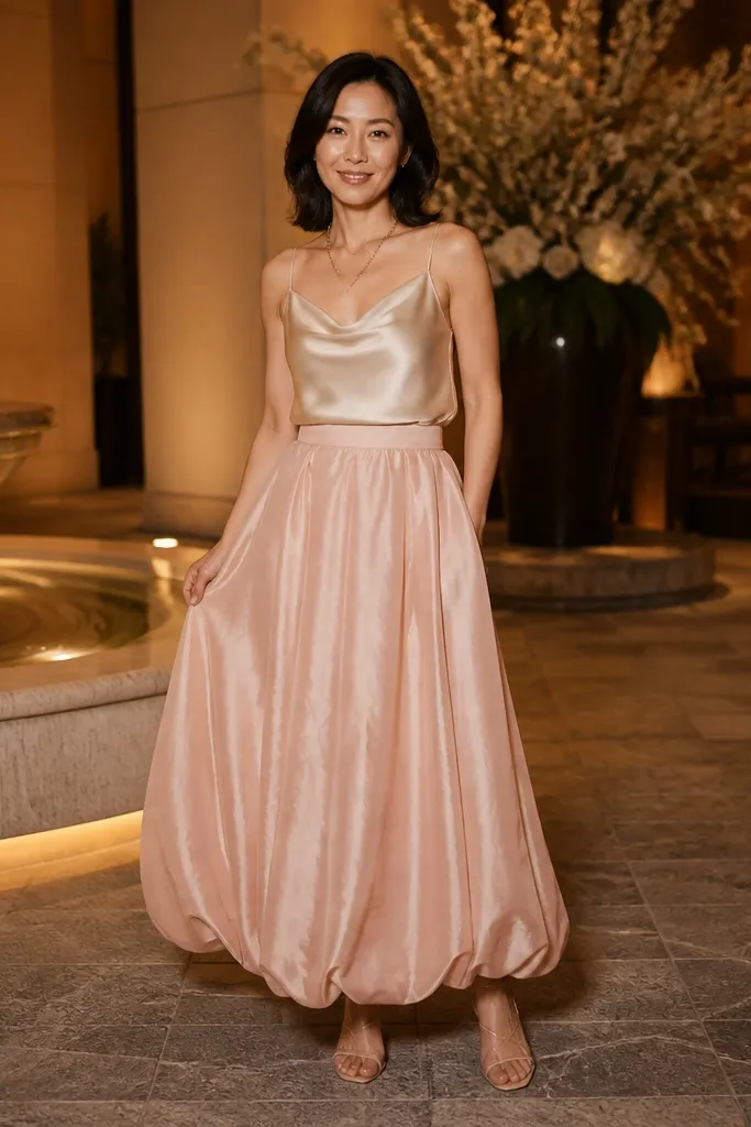 Champagne satin camisole with thin straps over a blush maxi bubble skirt