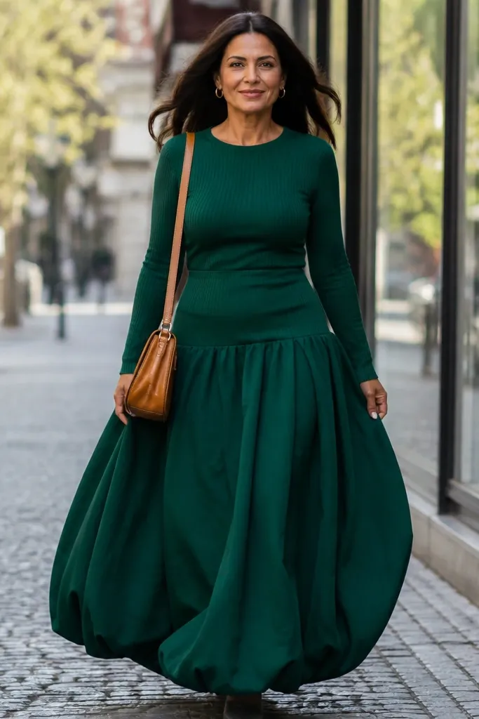 Fitted long-sleeve knit top with an emerald maxi bubble skirt