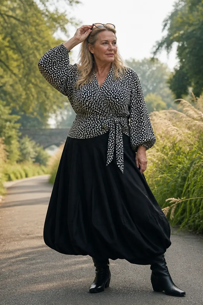 Black wrap blouse tied at the waist with a patterned maxi bubble skirt