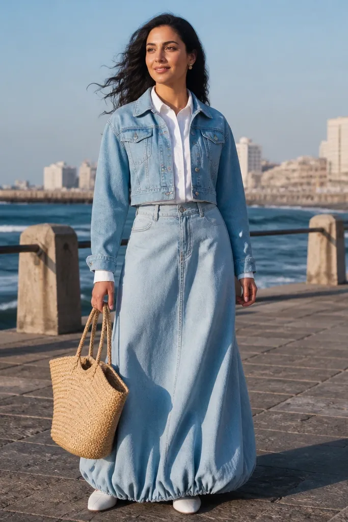 Light-wash maxi bubble skirt with a cropped denim jacket and white tee