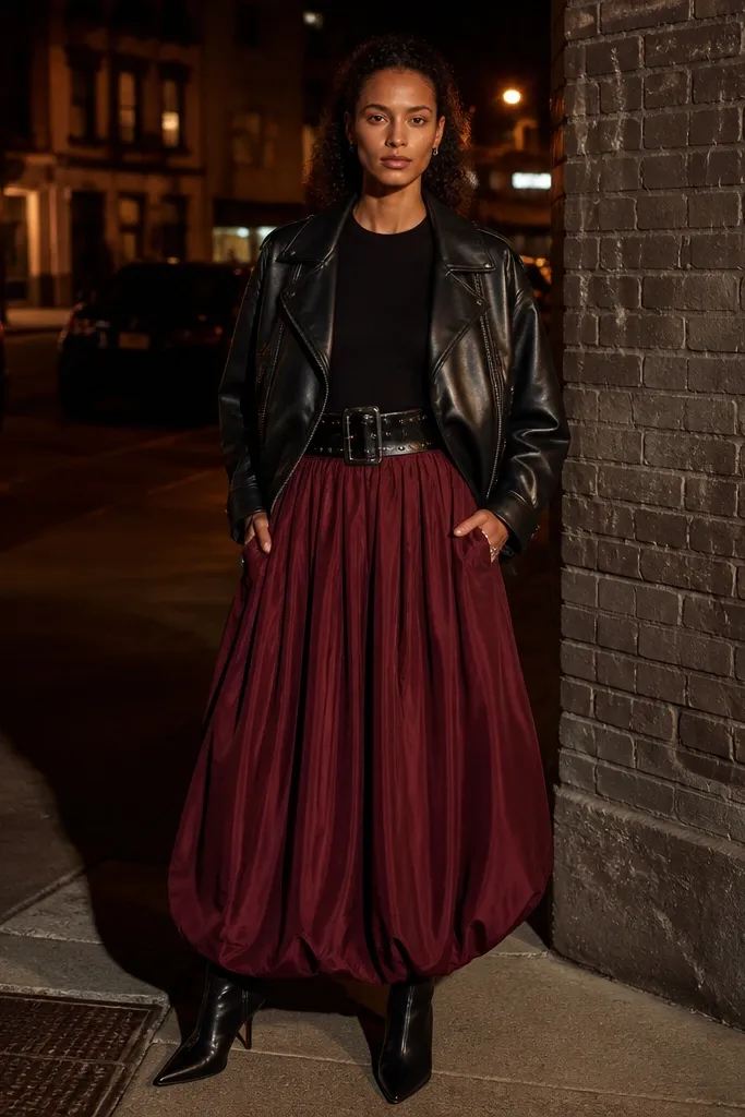 Black leather moto jacket over a fitted top with a burgundy maxi bubble skirt