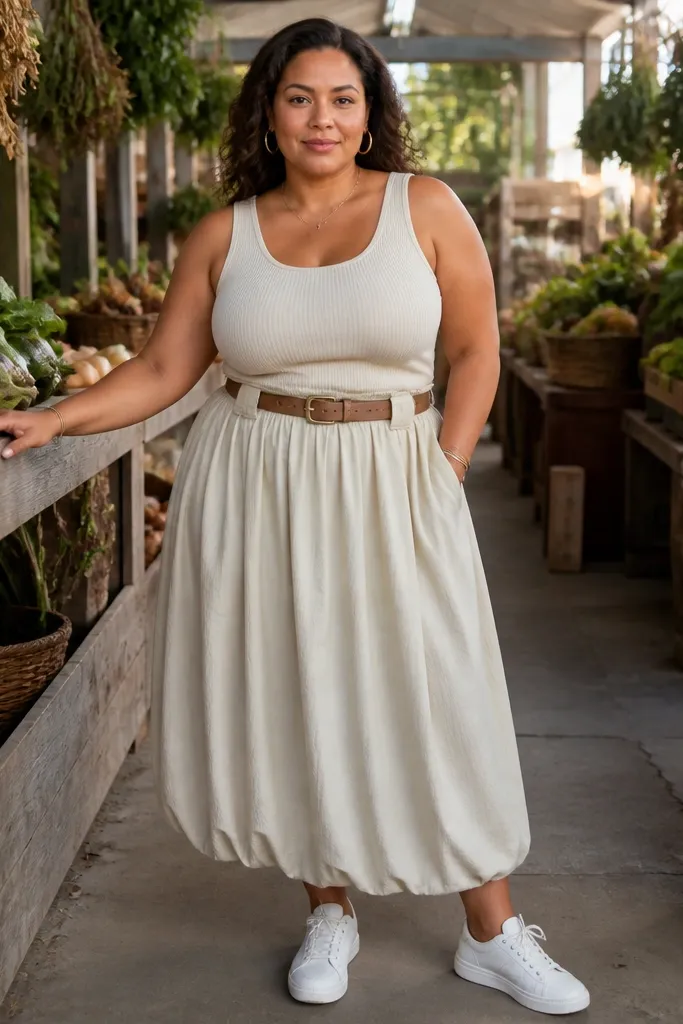 Ribbed tank tucked into a paper-bag waist maxi bubble skirt