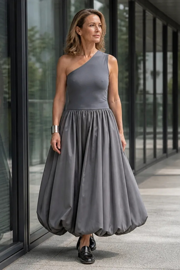 One-shoulder bodysuit with a steel gray maxi bubble skirt