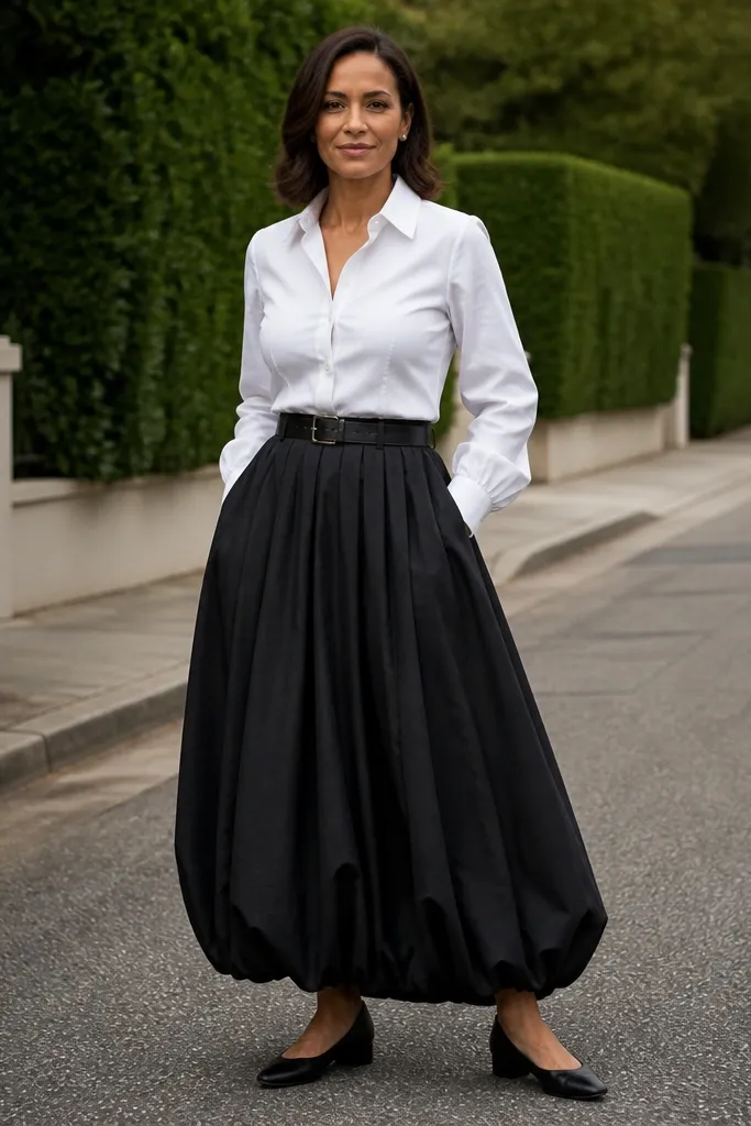 White button-front blouse tucked into a black maxi bubble skirt