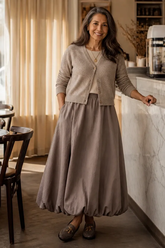 Crop cardigan worn with a matching maxi bubble skirt