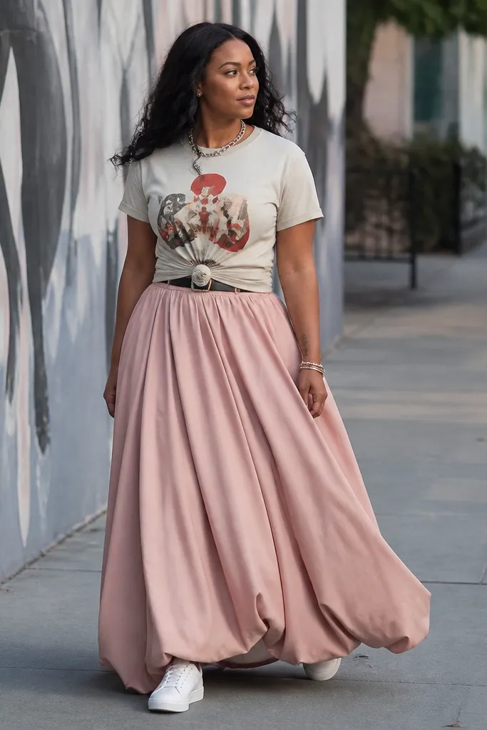 Graphic tee knotted at the waist with a blush maxi bubble skirt