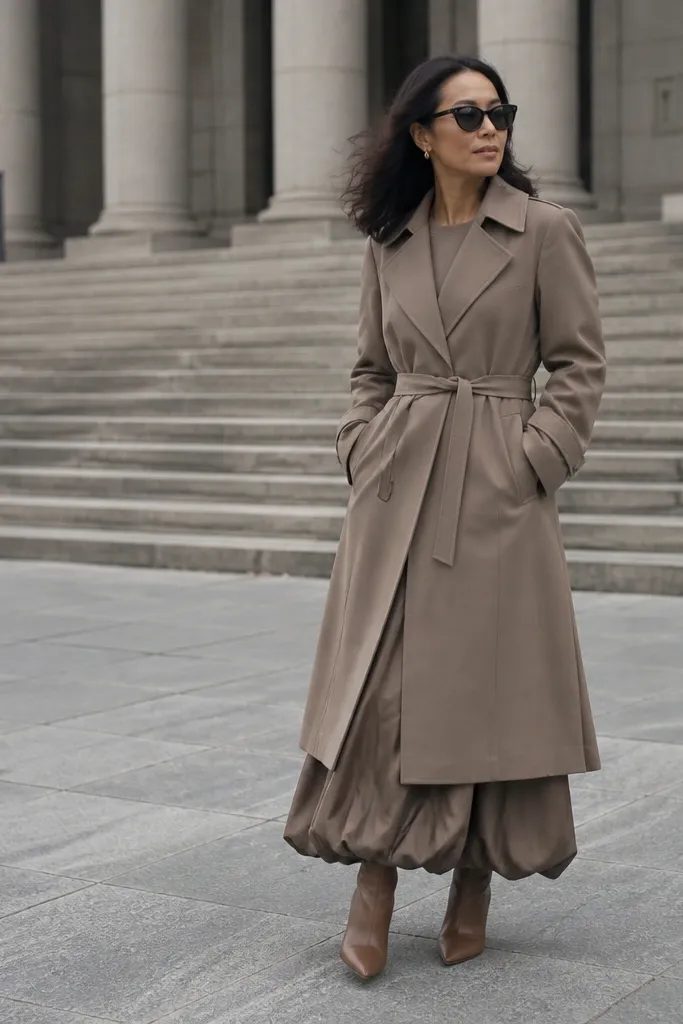 Belted trench over a monochrome maxi bubble skirt