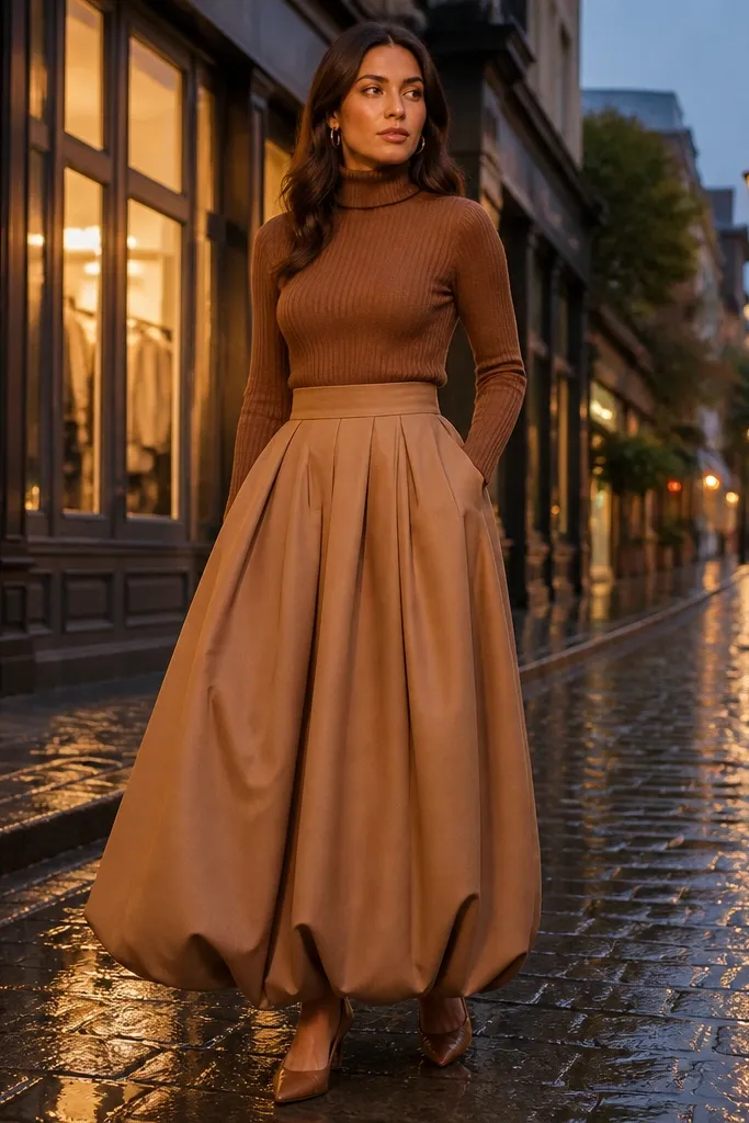 Fitted turtleneck sweater with a caramel maxi bubble skirt