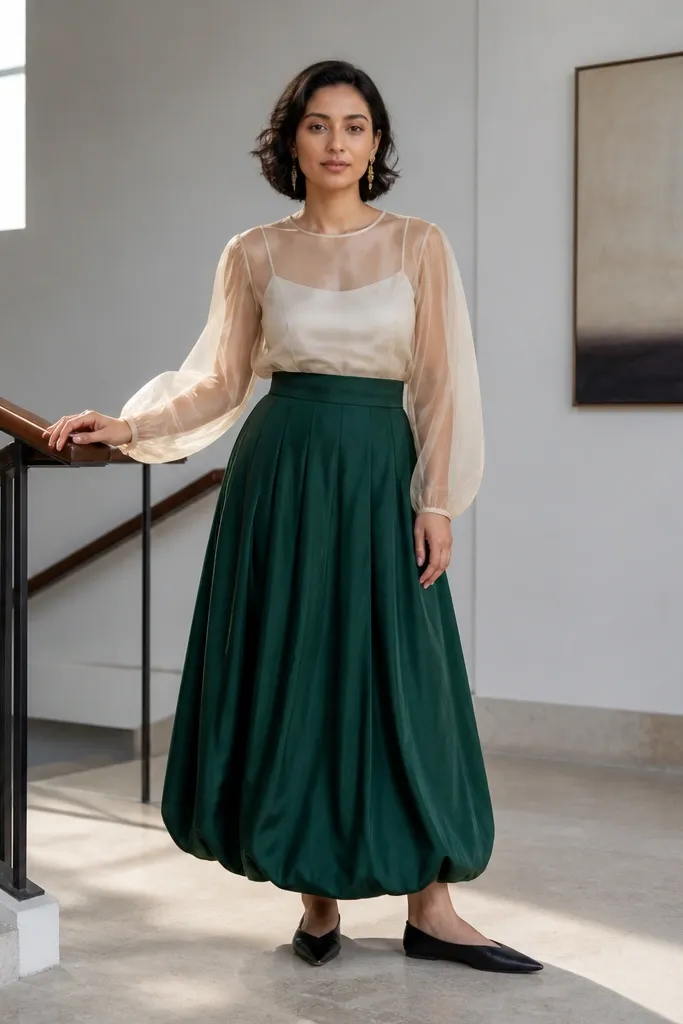 Sheer organza blouse layered over a fitted top with a solid maxi bubble skirt