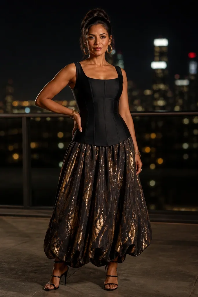 Longline corset-style top over a black maxi bubble skirt with gold accents