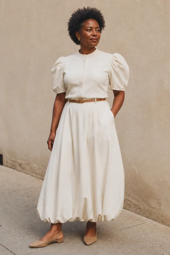 Monochrome puff-sleeve blouse with a matching maxi bubble skirt