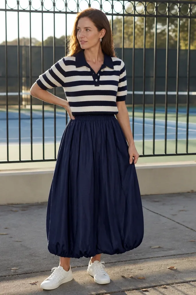 Striped knit polo tucked into a navy maxi bubble skirt
