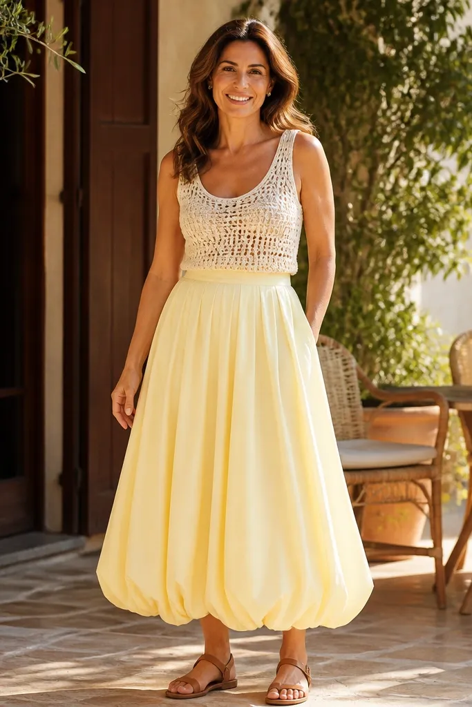Ivory crochet tank tucked into a butter-yellow maxi bubble skirt with tan sandals.