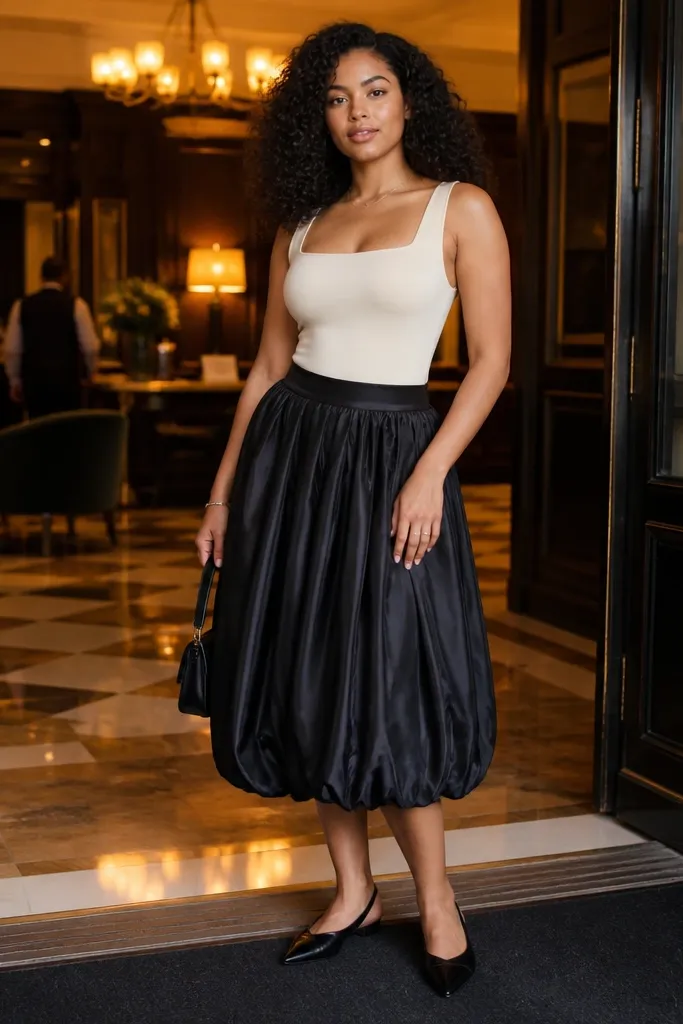 Black satin midi bubble skirt with cream bodysuit and pointed flats