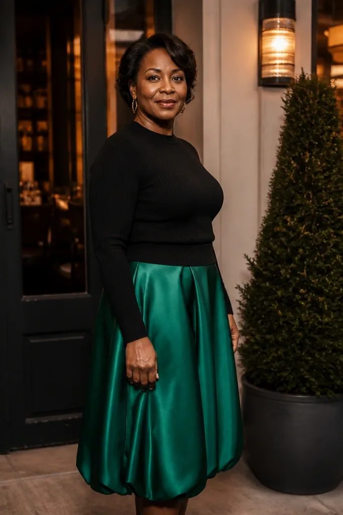 Emerald midi bubble skirt with black ribbed top and gold hoop earrings