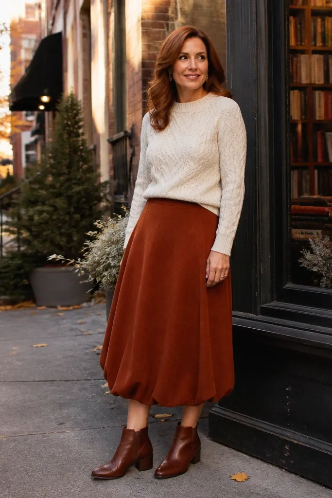 Cinnamon brown midi bubble skirt with cream cable-knit sweater and tan boots
