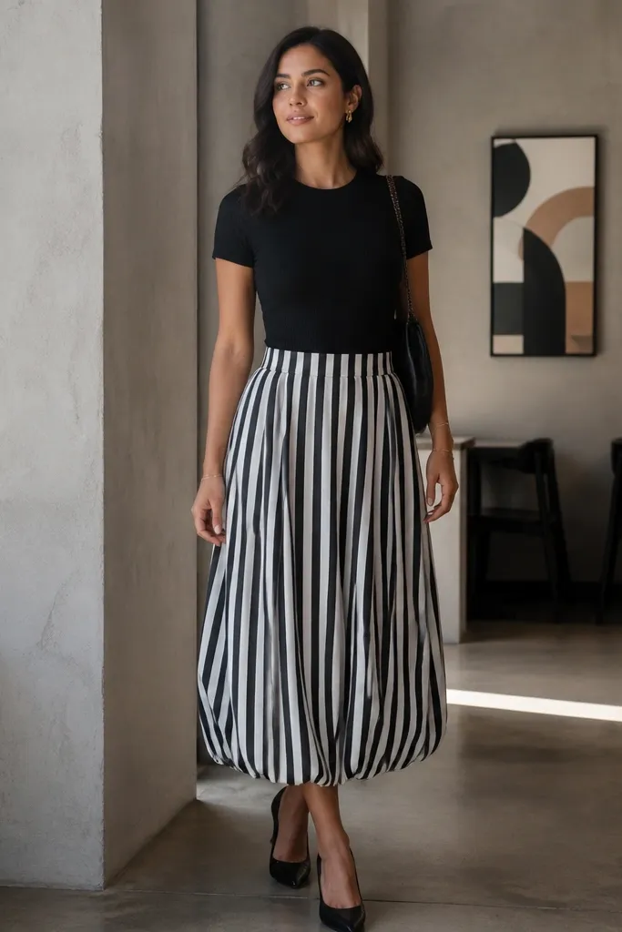 Black and white striped midi bubble skirt with solid black fitted top